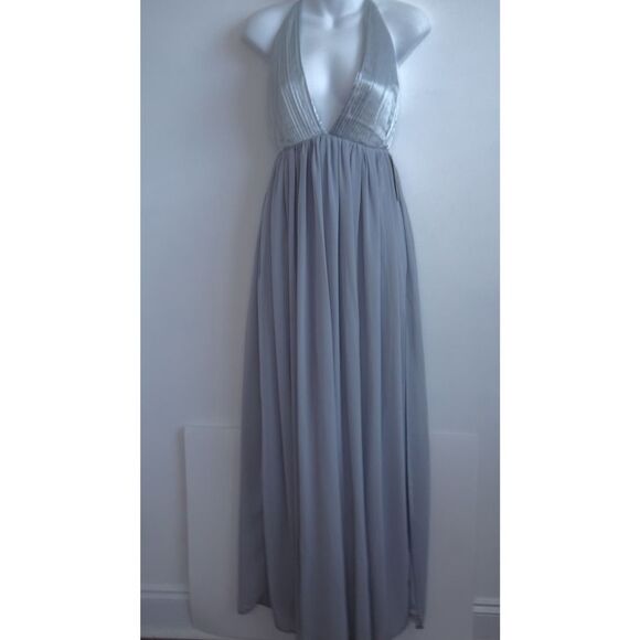 Tobi Women's Silver Pleated Low V Halter Empire Maxi dress Sz XS NWT 168 - Picture 4 of 11
